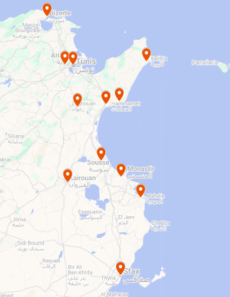 Carte des zones d'intervention SGH en Tunisie